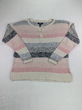 Chaps Linen Cotton Henley Sweater Womens M Striped Pink Blue Cream Knit Pullover